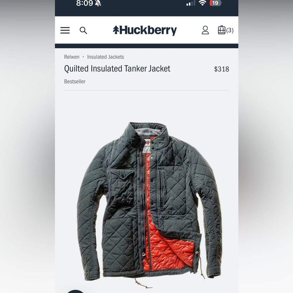 Relwen Quilted Insulated Tanker Jacket - Gray and Orange. XL